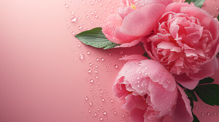 Women's Day concept. Top view photo of pink peony rose drops water on isolated pastel pink background with copy's pace, poster, postcard 