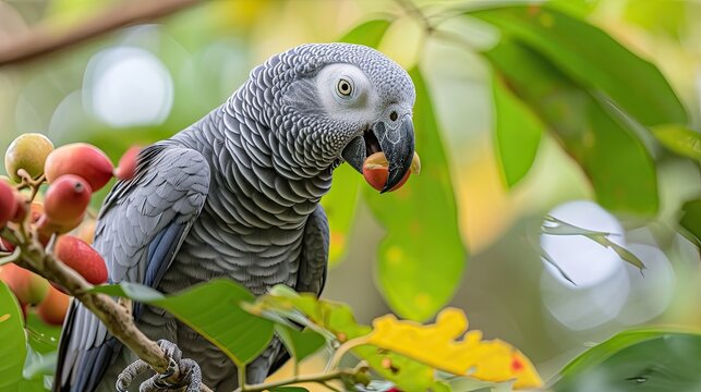 grey parrot sitting on a tree branch eating fruits
