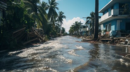 Hurricane aftermath: Flooded streets and damaged buildings on a tropical island. Aerial view of the impact of climate change on coastal communities.