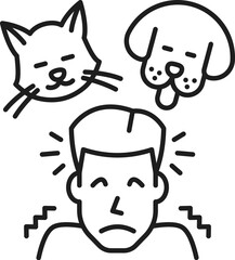 Human zoophobia phobia icon, mental health. Fear of animals, mental disorder line vector symbol. People psychology problem outline pictogram or sign with man scared of cat and dog pets