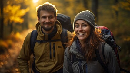 Fototapeta premium Happy couple hiking in autumn forest with colorful foliage and backpacks