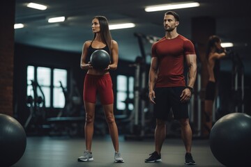 Fototapeta na wymiar A man and a woman are standing in a gym, couple exercise with ball in the Gym, AI Generated