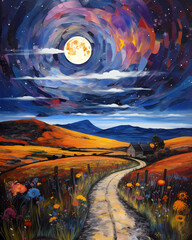 realistic oil painting of colorful night sky with big moon, hard-edge painting, shining moon with broad strokes oil painting