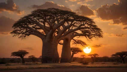 Fotobehang baobab tree and sunset © Amir Bajric