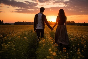 A couple holding hands walks through a serene field as the sun sets in the background, Couple holding hands in a field at sunset, AI Generated