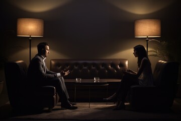A man and woman are seen sitting together on a couch in a dimly lit room, couple relationship therapy with a counselor, AI Generated