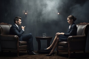 A man and a woman are seated in chairs in a dimly lit room, couple relationship therapy with a counselor, AI Generated