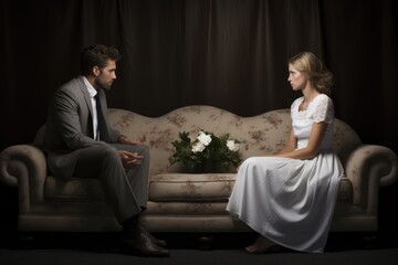 Naklejka premium A man and a woman spending quality time together as they sit on a comfortable couch, Couples therapy or marriage counseling, AI Generated