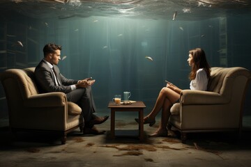 Man and Woman Sitting on Dark Room Couch Together, Relaxing and Enjoying Each Others Company, Couples therapy or marriage counseling, AI Generated