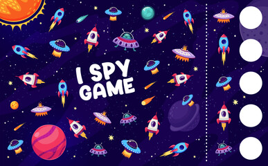 I spy game worksheet with space rockets, planets, UFO and aliens, vector quiz for kids. Puzzle to find and match same cartoon alien UFO and rocket spaceship, starship and spacecraft in galaxy space