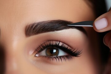 Watch as a professional beautician carefully shapes a womans eyebrows using a pair of scissors, Crop cosmetologist trimming eyebrows with scissors, AI Generated - obrazy, fototapety, plakaty