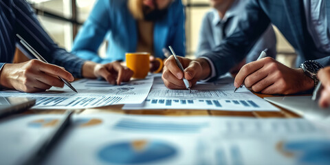 Business people working as a team in the office, sharing strategic ideas, data analysis, business brainstorming, close-up