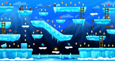 Rollo Arcade iced world game level map interface with key and golden coins, vector ice platforms and stairs. Kids cartoon arcade game of frozen world with gold bonuses, heart rewards on ice block platforms © Vector Tradition