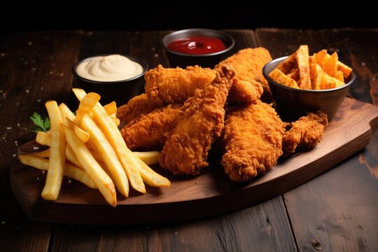 A mouthwatering combination of crispy fried chicken, golden French fries, and a side of ketchup and mayonnaise, Crispy fried chicken tenders and french fries on wooden table, AI Generated