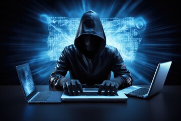 A person wearing a hooded jacket focusedly types on a laptop, leveraging modern technology for productive tasks, Cyber security awareness, Suspect emails alert, AI Generated
