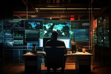 A man is seen sitting at a desk, focused on his work, with multiple monitors in front of him, cyber security in office, AI Generated