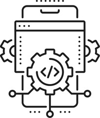 App development, web app develop and optimization icon. Phone application thin line symbol, computer program or service development, web network software develop outline vector pictogram or icon