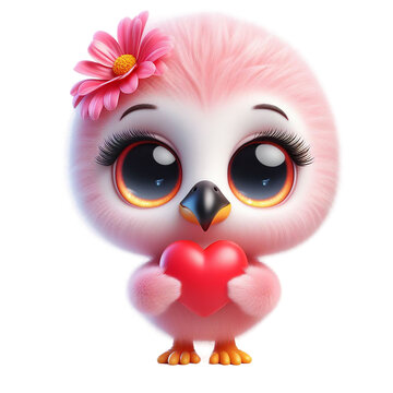 recommend clip art: Cute 3D Fluffy Pink Flamingo Holding Red Heart: Concept of Valentine's Day Isolated on Transparent Background, PNG , Clip Art, Illustration