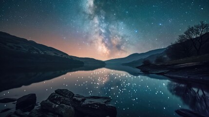 A starry sky reflected in the calm waters of a lake, creating a stunning visual symphony of light.