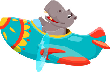 Baby animal character on plane. Cartoon animal hippo kid airplane pilot. Isolated vector Adorable Hippopotamus gleefully driving tiny biplane, its tiny paws firmly on the controls, ready for adventure