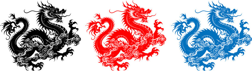 chinese dragon tattoos transarent PNG, Chinese vector dragon on a transparent background. Year of the Dragon. Silhouette of Dragon for holiday background, greeting card, invitation, web banner.