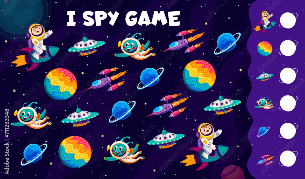 Poster i spy game. cartoon ufo and alien, astronaut, rocket and planets at galaxy space landscape vector qu