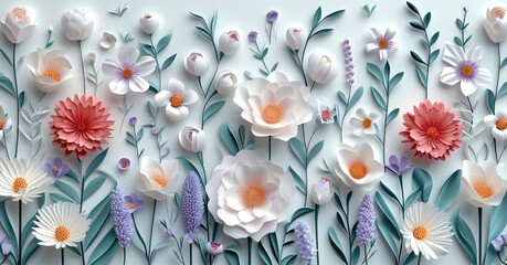 Floral spring pattern in paper cut style. Generative AI.
