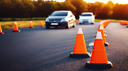 Car with Traffic cones in driving school,   driving school concept, Copy space of transportation