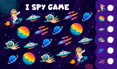 Papier Peint photo Violet I spy game. Cartoon UFO and alien, astronaut, rocket and planets at galaxy space landscape vector quiz puzzle worksheet. Find and count planets, spaceships, spaceman and martian characters kids game