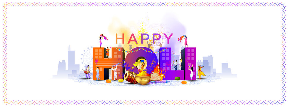 Indian festival Holi banner design. Happy Holi 3d text with colorful splash city building skyline background and people playing Holi.