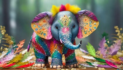 Obraz premium Firefly a cute elephant made of colorful feathers