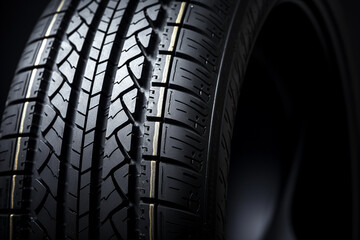 Closeup of the tread of a summer car tire on a sunny day. tires against black. fuel efficient car tires.