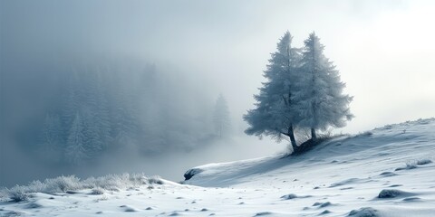 Winter meadow with snow-covered trees near a cliff in the fog during a blizzard. Generative AI.