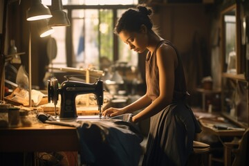 A woman is skillfully using a sewing machine to create clothes in a vibrant workshop, Focused female tailor sewing on machine in atelier, AI Generated