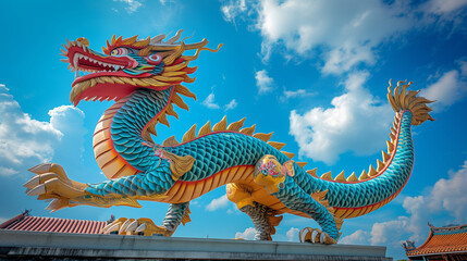 Fototapeta premium Dragon statue, dragon symbol, dragon Chinese, is a beautiful Thai and Chinese architecture of shrine, temple. A symbol of good luck and prosperity during the Chinese New Year celebrations. Daylight