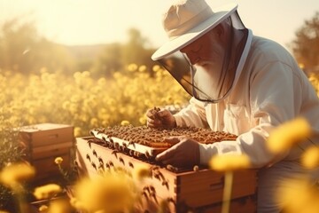 Male beekeeper on a beekeeper - obrazy, fototapety, plakaty
