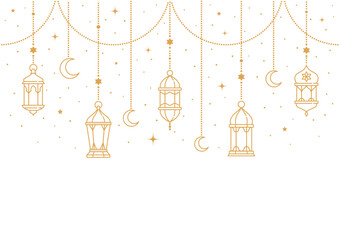 Ramadan Kareem and Eid Mubarak Arabian lanterns or lamps for Muslim holiday, vector background. Ramadan Kareem and Eid Mubarak greeting card for Islam holiday with gold stars, crescent moon on lantern