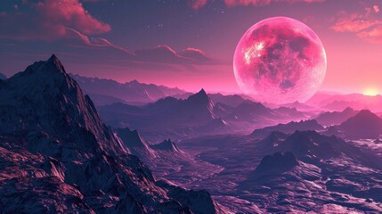 A neon pink moon casts a soft glow over a neon purple terrain on an exotic planet