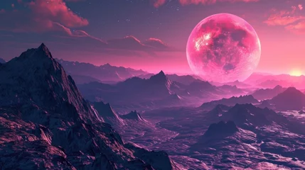 Fototapeten A neon pink moon casts a soft glow over a neon purple terrain on an exotic planet © Justlight