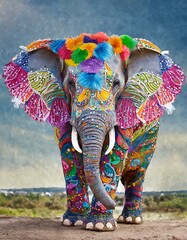 Obraz premium Firefly a cute elephant made of colorful feathers