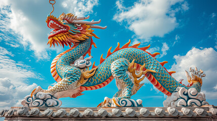 Fototapeta premium Dragon statue, dragon symbol, dragon Chinese, is a beautiful Thai and Chinese architecture of shrine, temple. A symbol of good luck and prosperity during the Chinese New Year celebrations. Daylight
