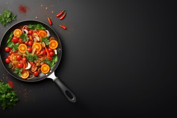 Vibrant Assortment of Fresh Vegetables Cooking in a Frying Pan, Frying pan with fresh vegetables on grey background, AI Generated