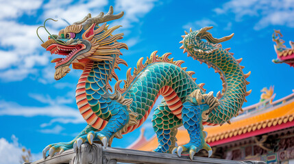 Fototapeta premium Dragon statue, dragon symbol, dragon Chinese, is a beautiful Thai and Chinese architecture of shrine, temple. A symbol of good luck and prosperity during the Chinese New Year celebrations. Daylight