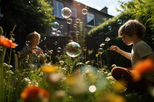 A boy and a girl enjoy a sunny day together while blowing bubbles in a vibrant garden, garden and children blowing bubbles for bonding, AI Generated