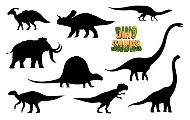 Cartoon dinosaurs, ancient animals characters silhouettes. Tarbosaurus, Brachiosaurus, Iguanodon reptiles, mammoth, Parasaurolophus, Plateosaurus prehistoric animals vector personages silhouettes