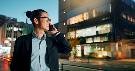 Businessman, phone call and laughing at night in city for funny joke, conversation or outdoor...