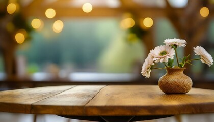Obraz premium flowers on wooden table.an empty wooden table as the centerpiece against a gently blurred background. 