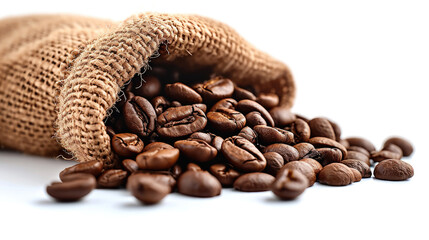 Coffee beans spilling out of a bag on a white isolated background. Generative AI.