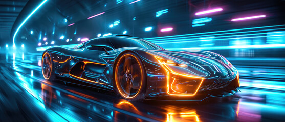 The car of the future, Neon, Light background. Generative AI.