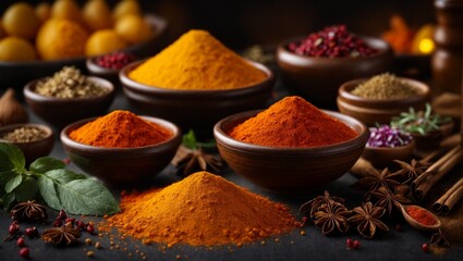 Food ingredients, seasoning herbs and spices in studio background, cinematic food photography 